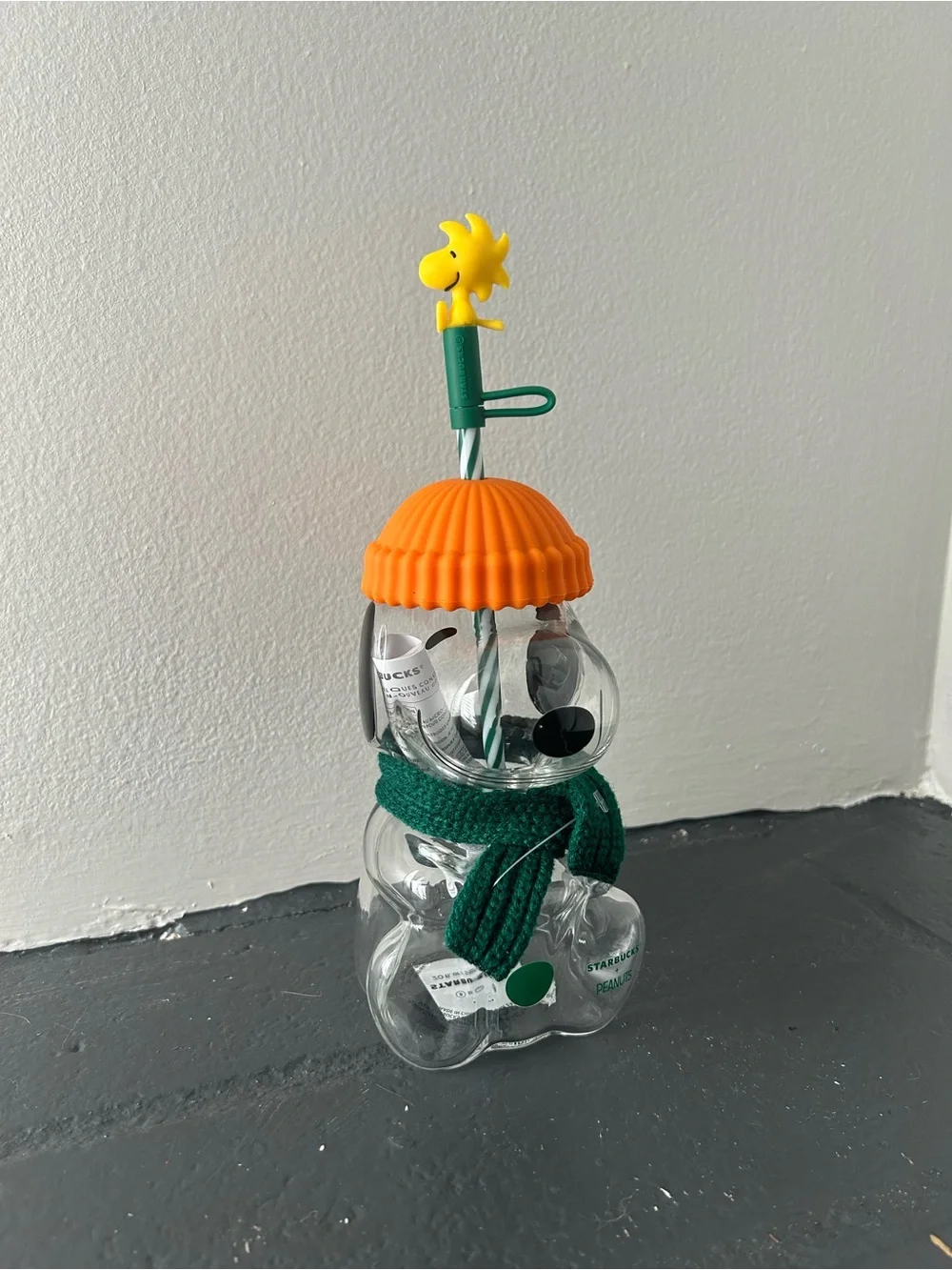 Starbucks Orange & Green Peanuts Snowman Bottle with Woodstock Topper